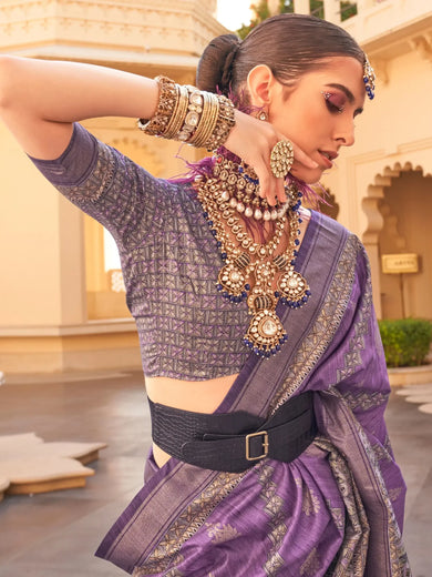 Glamorous Purple Printed Silk Wedding Wear Saree With Blouse